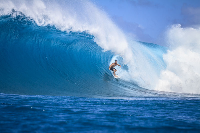 “We were in Hawaii checking the forecasts, when we saw a perfect scenario forming in Micronesia, or specifically, P Pass,” says Henrik. “Not thinking about the time, we abandoned Oahu despite the fact it would also be working perfectly, and went instead to get the best and most perfect waves of our lives.” Ricardo, standing hands-free in bombing P Pass, where he belonged.