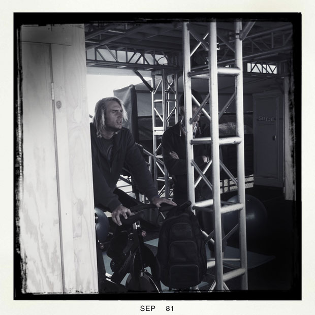 Owen Wright, the man who could, who may, put a stop to Kelly Slater's world title dominance, warming up dem long legs.