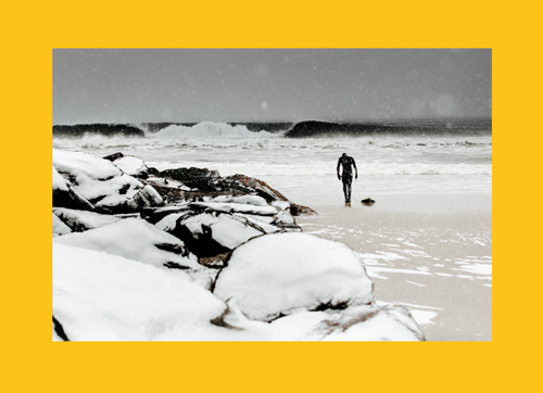 Even with the Earth buttered by snow and your body visibly quivering, the surf forever beckons. Bow your head before you throw yourself into the unbelievable cold (Iceland is only four hours away, if you wanna know).