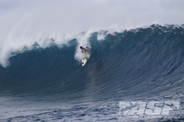 Dan Ross, in a short john (a rare wetsuit, these days, but awesome!) couldn't get past Michel Bourez. Photo: ASP/Kirstin